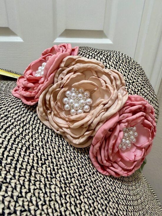 Elegant Women\'s Tweed Sun Hat With Satin Flowers And Pearls Wedding Tea Party main image 6
